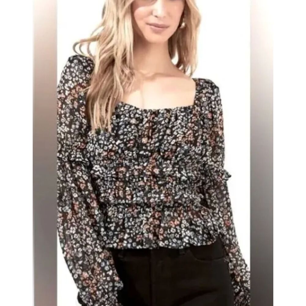 ASTR the Label Black Floral Ruffle Tie-Back Long Sleeve Blouse Size Small